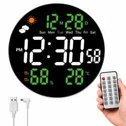 10.2\' Large LED Digital Wall Clock with Remote Control, Auto Dimming, Temperature & Humidity Display, 12/24H, Desktop & Wall Mounted, Cable Operated, Digital Clock for Home, Office & Bedroo...