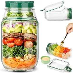 1000 ml Portable Salad Jar with Side Opening, Measurement Scale and Separate Dressing Cup, Leak Resistant Lunch Container with Locking Buckle for Office, School and Travel
