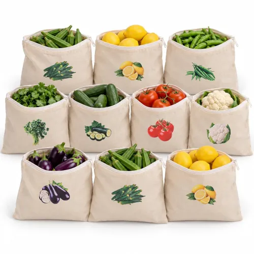 Image of 100% Cotton Reusable Vegetable Storage Bags for Fridge Pack Of 10