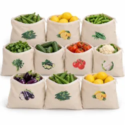 100% Cotton Reusable Vegetable Storage Bags for Fridge Pack Of 10