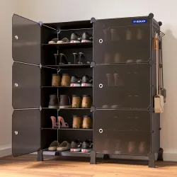 12 Shelf Shoe Rack with Door Magnets (PP Plastic Organizer, Black)