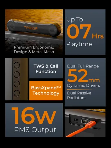 Image of TRIGGR Horizon 16 with Dual Drivers, 7Hrs Playtime, MEMS Mic, TWS Function 16 W Bluetooth Speaker (Elite Black, 2.0 Chan