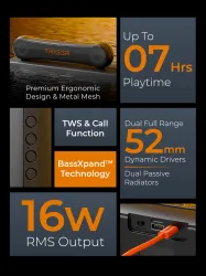 TRIGGR Horizon 16 with Dual Drivers, 7Hrs Playtime, MEMS Mic, TWS Function 16 W Bluetooth Speaker (Elite Black, 2.0 Chan
