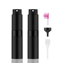 2 Portable 0.3 fl oz Perfume Atomizer Bottles, Refillable Empty Spray Bottle with 3 Types of Refilling Tools, Pocket Travel Perfume Sample Bottles (Matte Black)