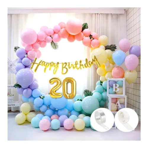 Image of 20th Pastel Happy Birthday Decoration for Girls Kids Boys with Glitter Golden Happy Birthday Banner, Pastel Balloons, Gl