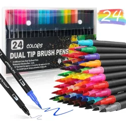 24 Colors Dual Tip Art Markers Sketch Pens with Carrying Case for Painting Sketching Calligraphy Drawing, Fine and Brush