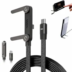 240W USB-C to USB-C Holder Charging Cable with Foldable Adjustable Metal Phone Stand, 4.9 FT Fast Charging Cable, 360° Rotating Invisible Desk Holder for Gaming, Office, Home & Video Calls