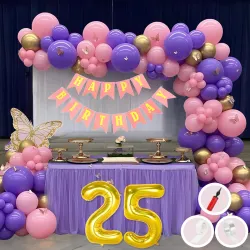 25th Birthday Decoration Kit Pink Purple Gold Balloons 50-Piece