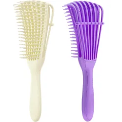 2 Pieces Detangling Brush for Afro America / African Hair Textured 3a to 4c Kinky Wavy/Curly/Coily/Wet/Dry/Oil/Thick/Long Hair, Knots Detangler Easy to Clean (Beige, Purple)