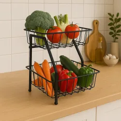 HomeGrits 2-Tier Metal Kitchen Storage – Black Kitchen Organizer Rack for Fruits, Vegetables, Snacks, Toys, Towels & Off