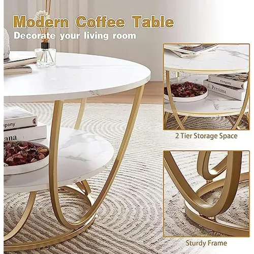 Image of Furniture Cafe 2-Tier Round Coffee Table with Faux Marble Top