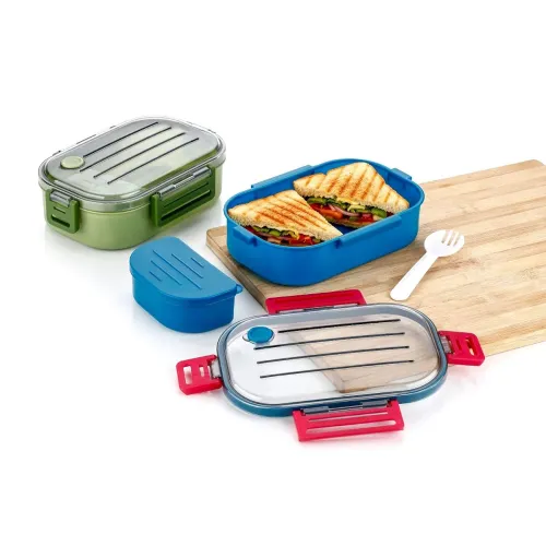 Image of 3-Compartment Plastic Lunch Box with Spoon
