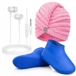 3-in-1 Daily Essentials Combo | Wired Earphones, Quick Dry Microfiber Hair Towel Wrap & Waterproof Reusable Shoe Covers | Multi-Purpose Utility Combo for Men & Women