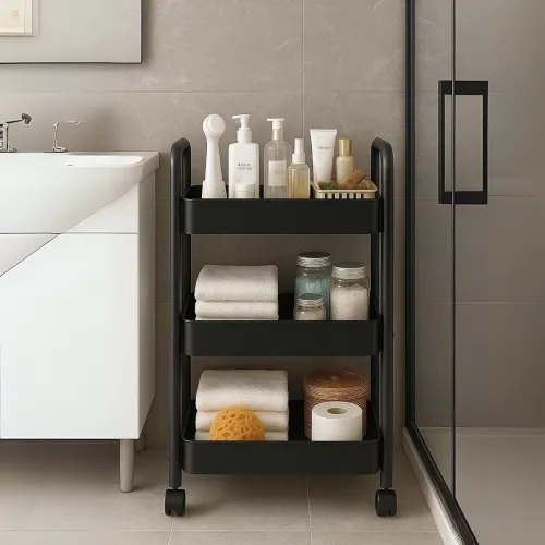 Image of 3-Tier Kitchen Trolley Black Metal Rack with Wheels, Mesh Baskets Storage Cart