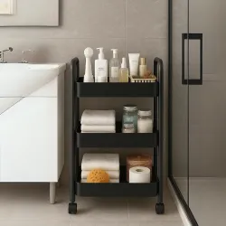 3-Tier Kitchen Trolley Black Metal Rack with Wheels, Mesh Baskets Storage Cart