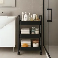 3-Layer Kitchen Trolley Black Metal Storage Rack with Wheels