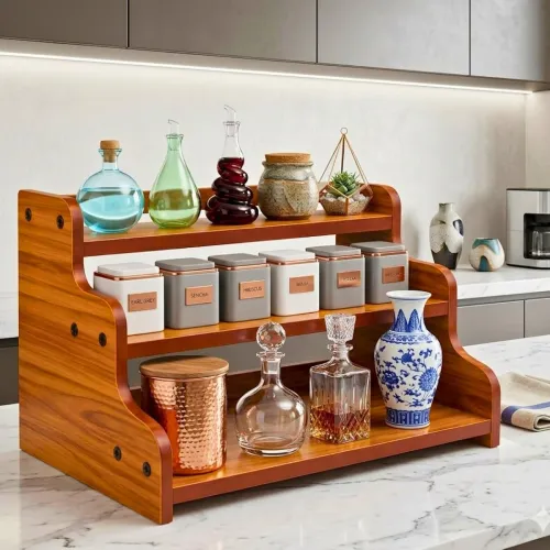 Image of 3-Tier Spice Rack, 13.8 Inch Wood Step Shelf Countertop 