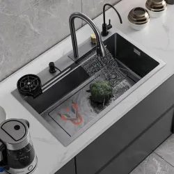 Kitchen Sink 304 Grade Anti Scratch Design with Integrated Waterfall and Pull-Down Faucet Set and All Accessories (All in One (24X18X9))