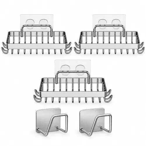 Image of Strong Self Adhesive Wall Mounted Bath Soap Holder with 4 Hooks for Bathroom Kitchen Wash Basin, 304 Stainless Steel, Wa