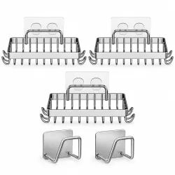 Strong Self Adhesive Wall Mounted Bath Soap Holder with 4 Hooks for Bathroom Kitchen Wash Basin, 304 Stainless Steel, Waterproof, RustProof, Quick Drying (3, Silver)