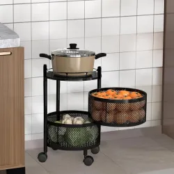 Storage Rack | 360° Revolving Vegetable Kitchen Rack | Round Multipurpose Storage Trolley with Wheels | Metal Fruit Stor