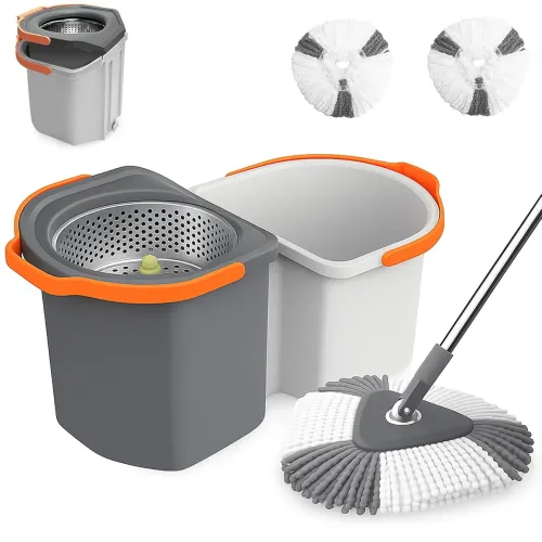 Image of 360° Spin Mop Set with Bucket (Dual Drive, SS Wringer, 2 Refills, Grey)