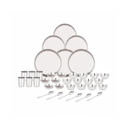 Image of 36 Pieces Stainless Steel Dinnerware/Dinner Set - 6 Thali, 6 D.Plate, 12 Bowl, 6 Glass, 6 Spoon, Kitchen Set for Home & 