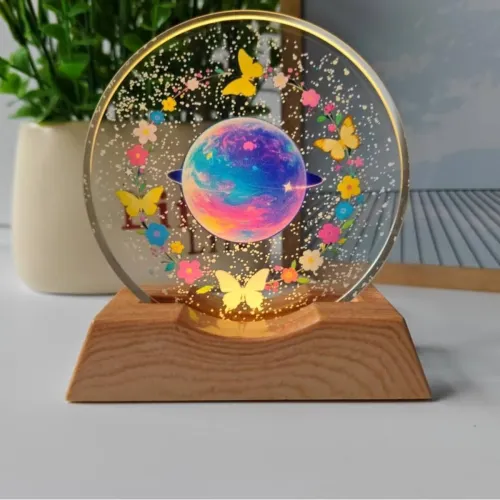 Image of 3D Butterfly & Planet Acrylic LED Night Lamp with Wooden Base, Warm White Decorative Crystal Lamp for Bedroom, Living Ro