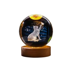 3D Cat Crystal Ball Lamp with Wooden Base
