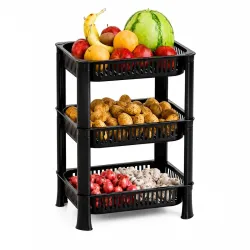 3 Layer Kitchen Storage Rack, Plastic Vegetable & Fruit Basket Organizer, Multipurpose Grocery Shelf for Onion, Potato, Fruits & Vegetables, Black