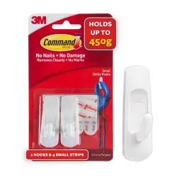 3M Command Small Wall Hooks, 2 hooks with 4 strips