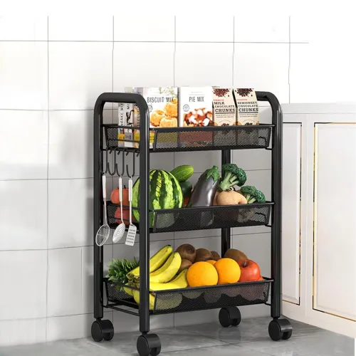 Image of Mesh Vegetable Stand Steel, 3 Tier Onion Potato Rack for Storage, Metal Kitchen Trolley with Wheels, Trolley Rack for Ki