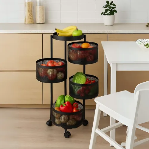 Image of 4+1 Layer Round Storage Trolley Black Metal Revolving Basket Rack with Wheels