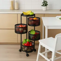 4+1 Layer Round Storage Trolley Black Metal Revolving Basket Rack with Wheels