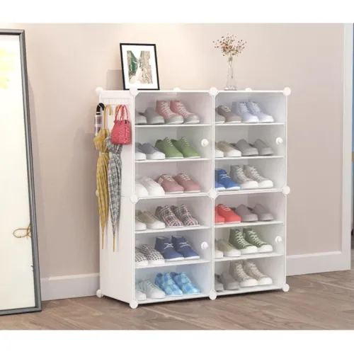 Image of 4 Door 12 Shelf Multi-Purpose D-I-Y Plastic Shoe Rack for Home Office, Adjustable Shoe Storage Organizer for Bedroom
