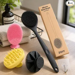 4-in-1 Silicone Bath Brush Set – Long Handle Back Scrubber, 