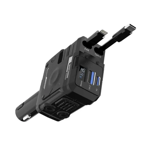 Image of Retractable Car Charger - 4 in 1 Fast Car Charger with USB-C&Lightning Cables&Dual USB Ports (Type-C PD &USB-A) LED Indi