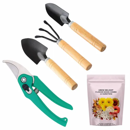 Image of Gardening Tools Kit-5 Pcs (Cultivator, Big Trowel, Small Trowel, Garden Pruner, Flower Seeds Packet) | Durable Gardening