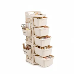 5 Tier Plastic Storage Drawer Cabinet with Wheels, Modular Chest of Drawers Organizer with Side Basket & Handle, Storage Trolley Rack for Home, Kitchen, Bedroom, Kids Room (Ivory)