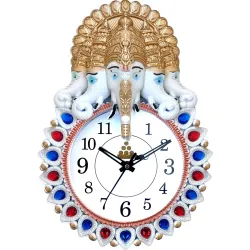Premium Plastic Designer Stones 5 Face Ganesha Wall Clock for Home and Office Decor| Wall Clock for Living Room| Wall Clock for Bedroom 35 Cm (White)