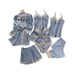 Valentines Day Fancy Night Suit Robe Dress & Bra Penty Set Combo for Womens Pack of 7 Pcs Nightwear Lingerie Grey Silk