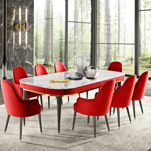 Image of 8-Seater Modern Wooden Dining Table with 8 Chairs (Maroon)