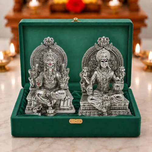 Image of 999 Silver Plated Lakshmi Ganesha Idol Set for Diwali Gifts - 3.7 Inch