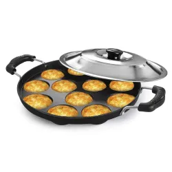 Aadhik Non-Stick 12 Cavity Appam Pan with Lid (Black)
