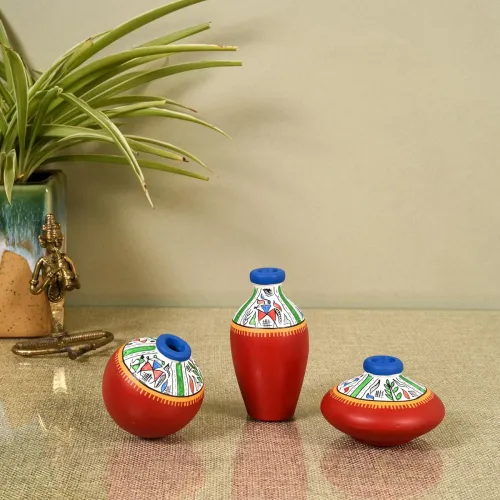 Image of Aakriti Art Creations Artisanal Harmony Vase Set of 3 | Hand-Painted Warli Art Terracotta Vases in Red | Matte Finish De