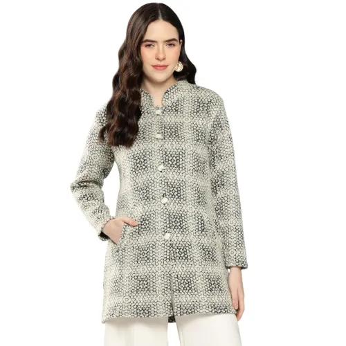 Image of Aarika Womens Winter Wear Lemon Colour Abstract Woolen Cardigan
