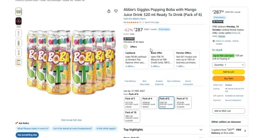 Image of Abbie's Giggles Popping Boba with Mango Juice Drink 320 ml Ready To Drink
