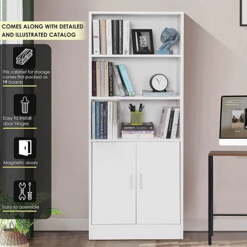 Image of About Space 5 ft Kitchen Cabinet - 5 Tier Wooden Storage Cabinet with 3 Open Shelves & 2 Magnetic Door Crockery Cabinets