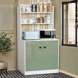 ABOUT SPACE 5 Tier Kitchen Organizer Rack - 5.5 ft Wooden Kitchen Cabinet with 3 Open Shelves & 2 Storage Rack with Door Easy to Assemble for Home Living Room (White, Green - L 80 x B 40.5 x...