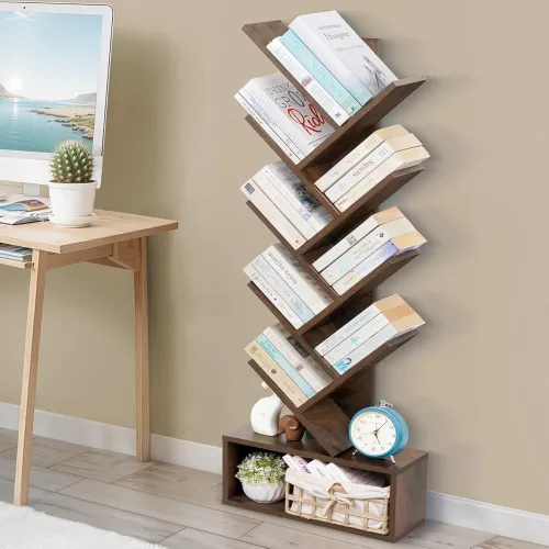 Image of ABOUT SPACE 9-Tier Wooden Tree Bookshelf with Storage (Walnut)